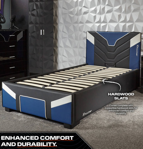 cerberus MK11 gaming bed in blue premium upholstered gaming bed with a added headboard and under bed storage solution.