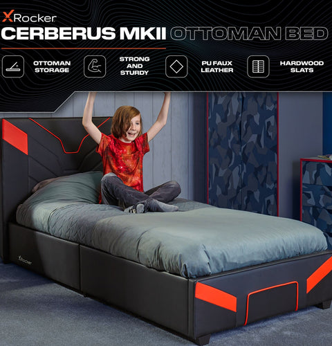X rocker cerberus MK11 Gaming bed in Carbon Red stylish upholstered bed with under bed storage for gaming accessories.