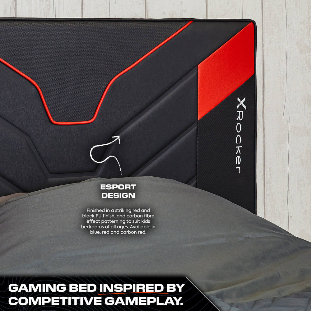 carbon red X Rocker gaming bed cerberus MK11 ottoman storage bed with a durable frame and padded headboard for comfort