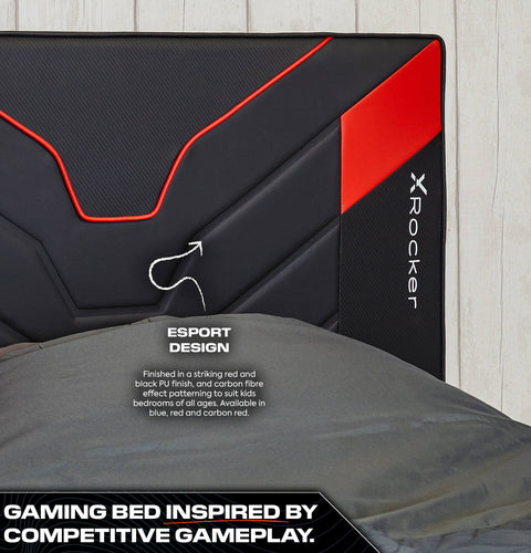 carbon red X Rocker gaming bed cerberus MK11 ottoman storage bed with a durable frame and padded headboard for comfort