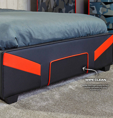 X Rocker cerberus MK11 Gaming Bed in carbon red space saving ottoman bed with a bold aesthetic for gaming setups