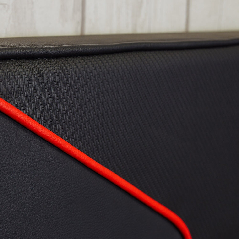 Close up of the x rocker cerberus MK11 Gaming Bed headboard in carbon red featuring a padded upholstered design for extra comfort.