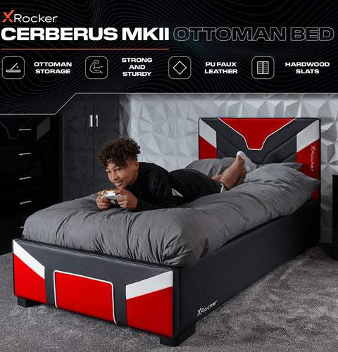 red x rocker cerberus MK11 ottoman Gaming Bed - space bed with under bed storage for gamers and modern bedrooms