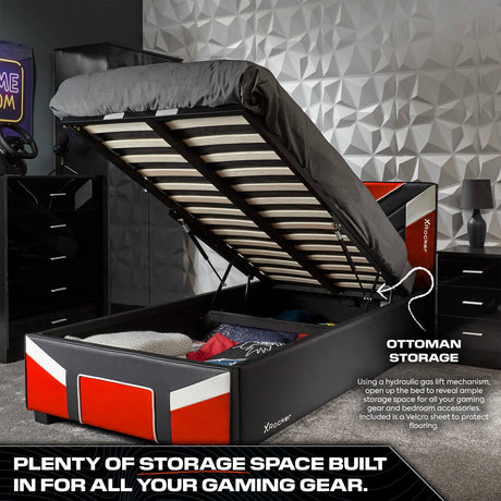 Cerberus MK11 ottoman Gaming bed by X Rocker, stylish red gaming bed with lift up storage perfect for small spaces.