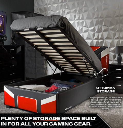 Cerberus MK11 ottoman Gaming bed by X Rocker, stylish red gaming bed with lift up storage perfect for small spaces.