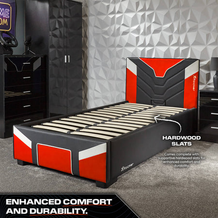 Cerberus MK11 Gaming Bed (red), X Rocker's modern ottoman bed with a padded headboard and storage for gaming accessories.