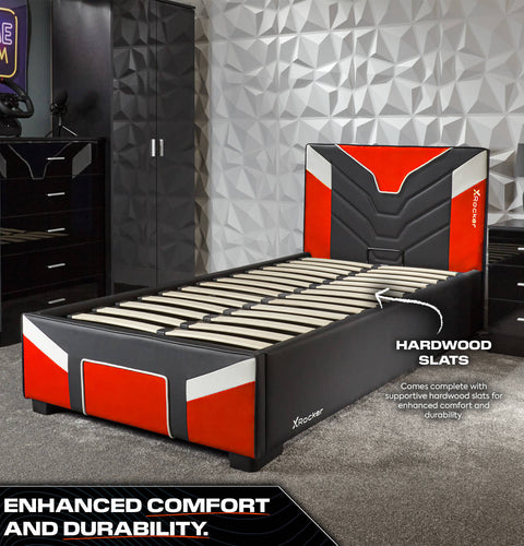 Cerberus MK11 Gaming Bed (red), X Rocker's modern ottoman bed with a padded headboard and storage for gaming accessories.
