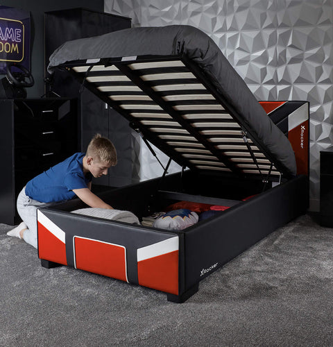Red gaming bed with ottoman storage X Rocker cerberus MK11 provides comfort durability and space saving design.