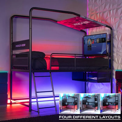 Modern bunk bed with TV and gaming setup in a room with colorful lighting