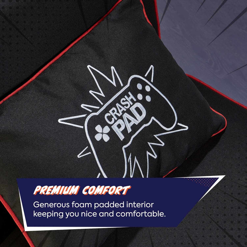 Black gaming chair with 'Crash Pad' logo and text about premium comfort.