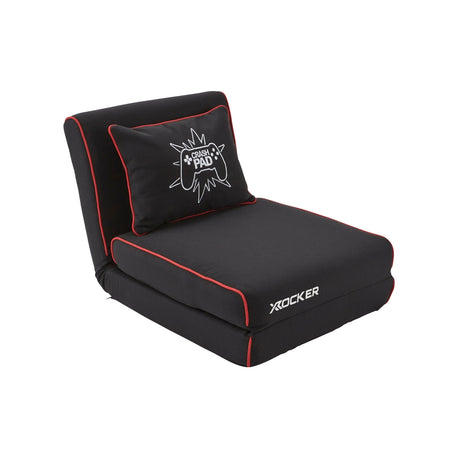 Black gaming chair with red accents and X rocker logo on a white background