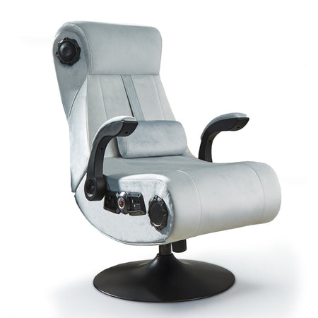 Gray gaming chair with speakers on a white background