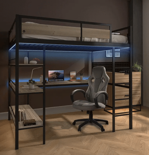 Denver LED High Sleeper Double Bunk Bed with Desk - Oak / Black RGB