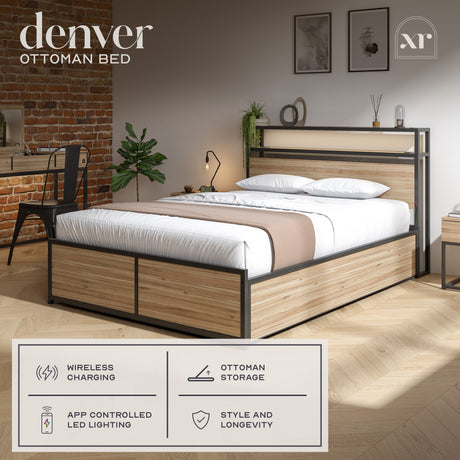 Denver King Ottoman Bed With App Controlled LED Lighting - Oak/Black