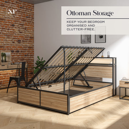 Denver King Ottoman Bed With App Controlled LED Lighting - Oak/Black