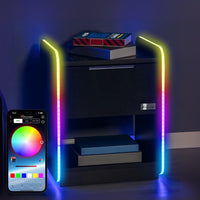 Smart phone app controlling RGB lighting on a shelf with colorful lights.