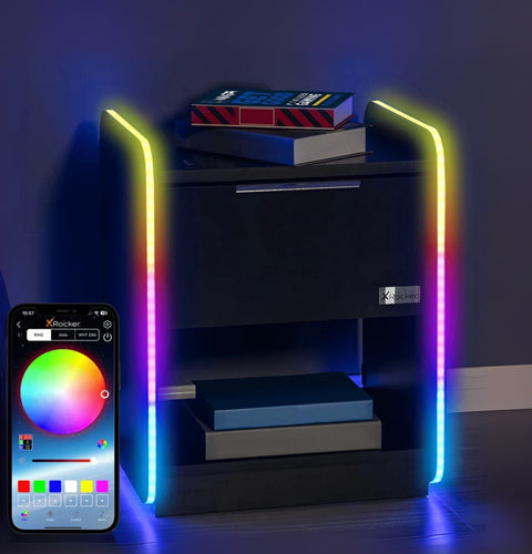 Smart phone app controlling RGB lighting on a shelf with colorful lights.