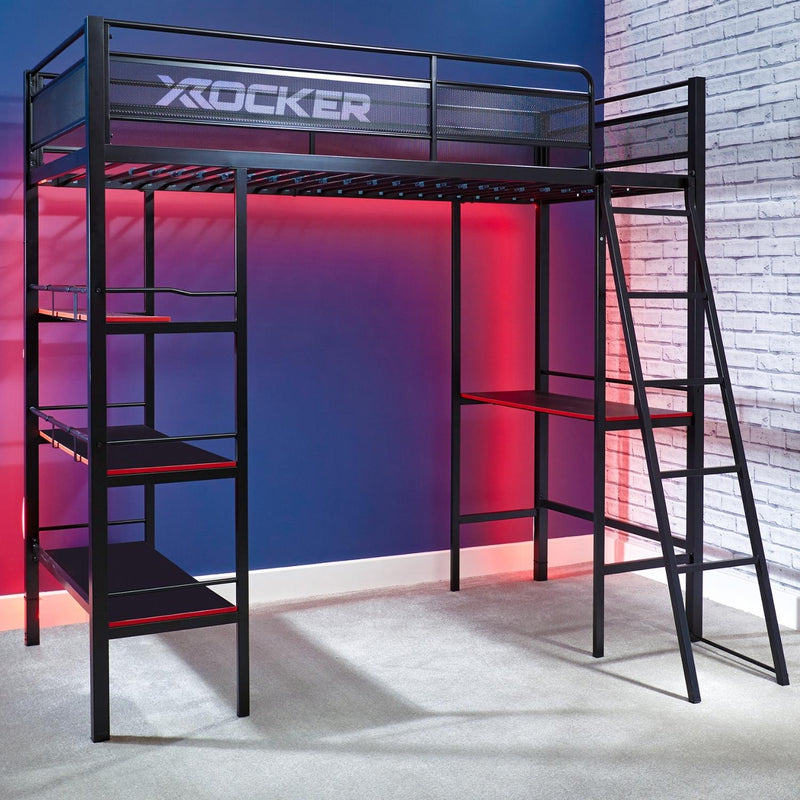 Black metal loft bed with desk against a colorful wall