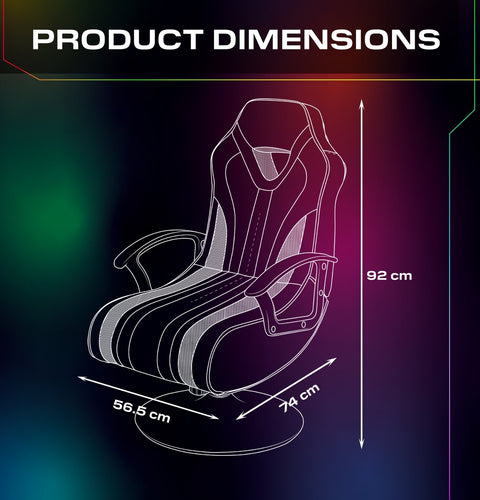Gaming chair dimensions displayed on a colorful gradient background