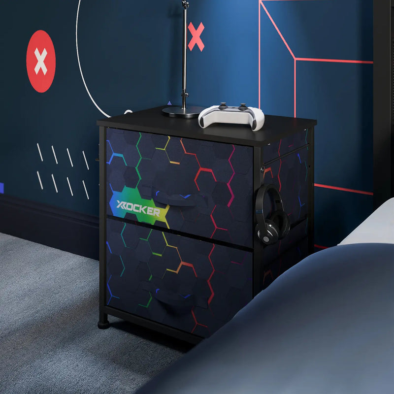 Canvas Nightstand with colorful design and X rocker branding in a bedroom setting.