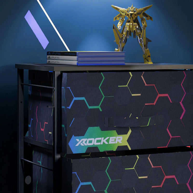 X rocker Hex canvas drawers with console and robot model on a blue background