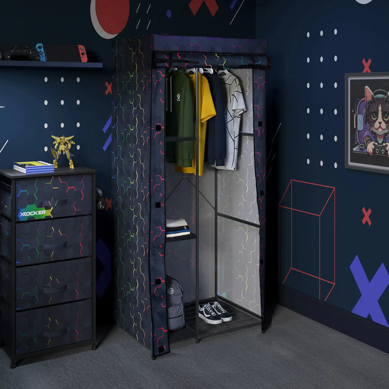 Room interior with a hex canvas wardrobe, dresser, and wall decorations in a child's room.