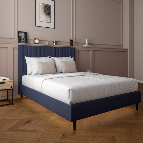 Maisie Upholstered Velvet LED Bed - Navy Blue (2 Sizes)