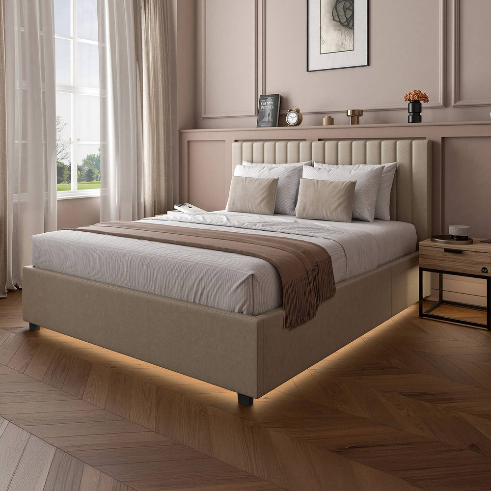 Maisie Upholstered Velvet LED Ottoman Bed - Natural Stone (2 Sizes)