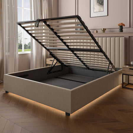 Maisie Upholstered Velvet LED Ottoman Bed - Natural Stone (2 Sizes)