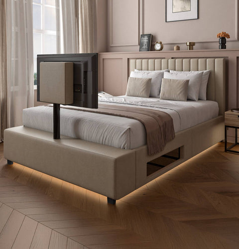 X Rocker maisie ottoman TV Bed in natural stone fabric, featuring a luxurious upholstered frame hidden storage and an integrated TV lift for a sleek space saving bedroom setup.