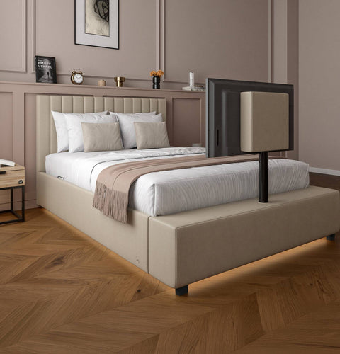x rocker maisie ottoman TV bed a stylish and functional bed frame with hidden TV feature and spacious under bed storage.