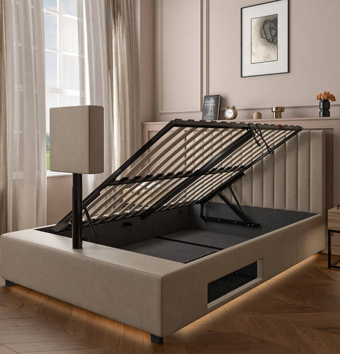 maisie ottoman TV bed with storage designed with premium natural stone fabric and a built in tv stand. for entertainment at your fingertips.