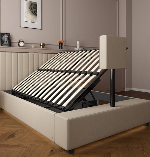 side view of the x rocker maisie ottoman TV bed highlighting its plush upholstered headboard and and TV stand.