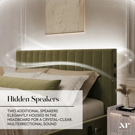 Maisie 5.1 Ottoman Bed with Electric TV Lift, True Surround Sound and App Controlled LED Lights - Olive Green