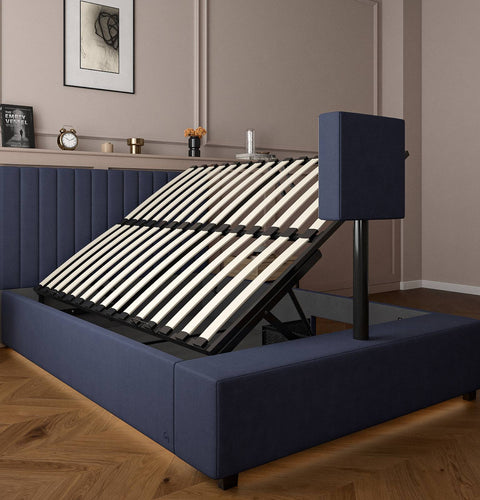 Maisie Upholstered Velvet LED Ottoman TV Bed - Navy Blue (2 Sizes)
