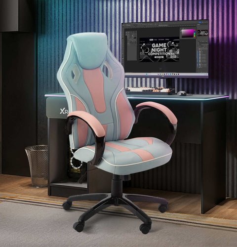 Gaming chair in a room with a desk and computer setup