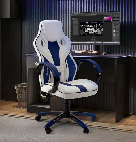 Gaming chair with blue and white accents in a room with a computer setup.