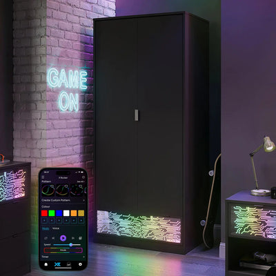 Wardrobewith RGB lighting and smartphone app control in a room with neon lights.
