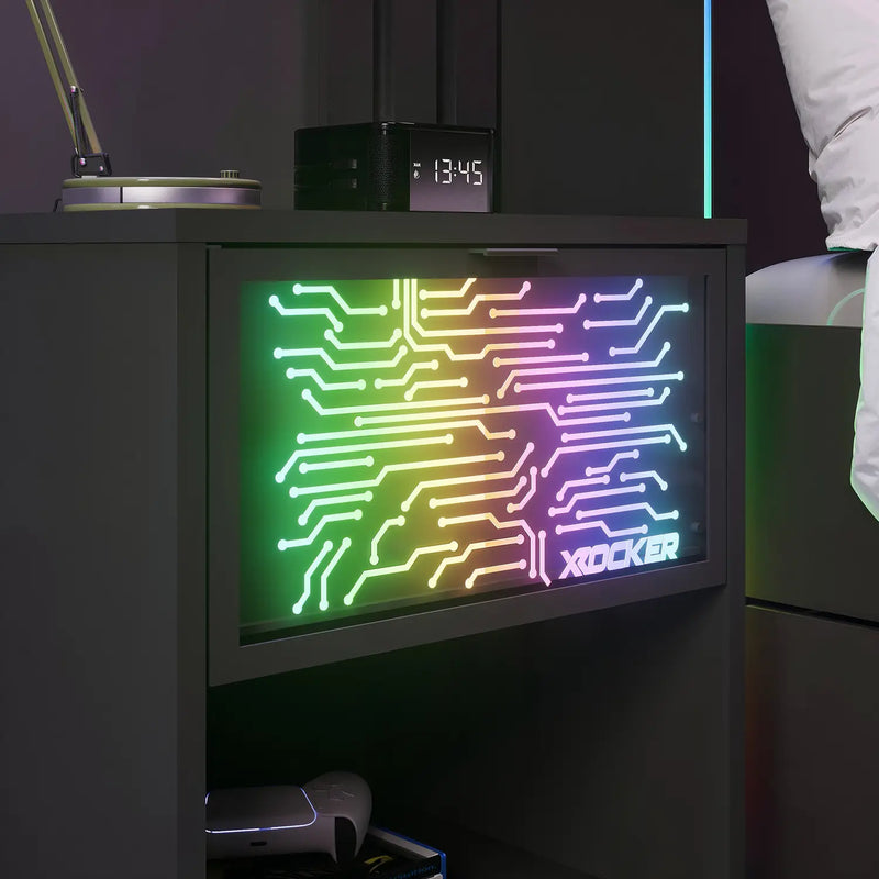 X Rocker Neonite Bedside Table with circuit board design and 'X rocker' branding on a dark background.