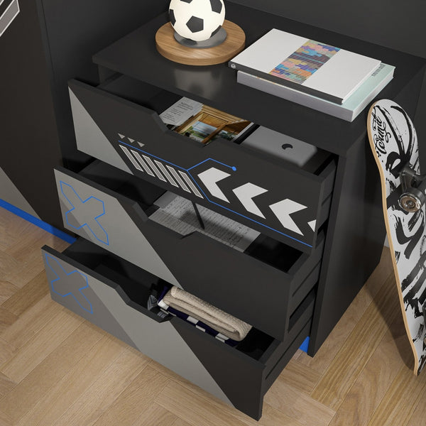 Black dresser with open drawer on a wooden floor