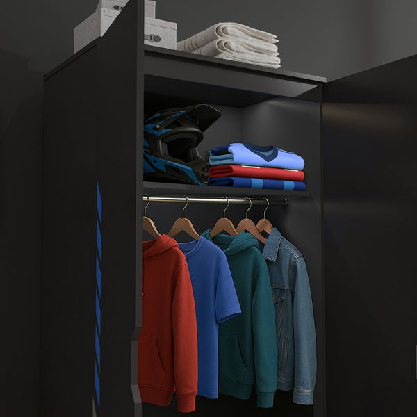 Closet with clothes on hangers and folded garments on a shelf.