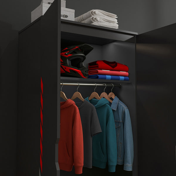 Black wardrobe with clothes on hangers and folded items on top
