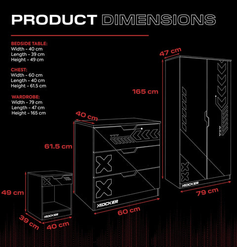 Product dimensions chart with X rocker gaming chair and table on a black background