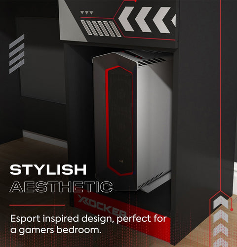 Gaming computer tower with stylish design on a dark background