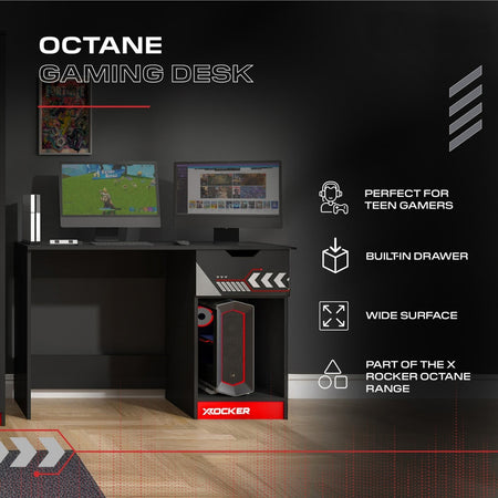 Octane gaming desk with computer setup on a dark background