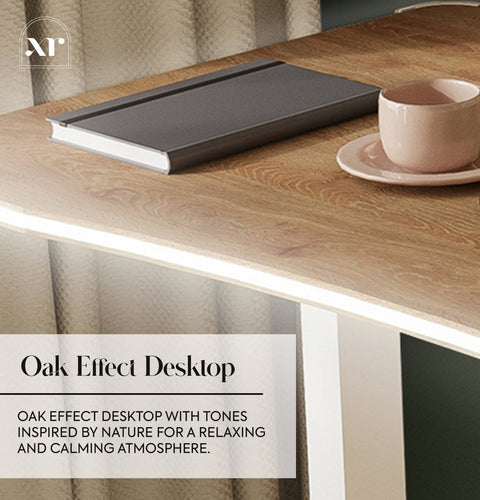 Wooden desk with a laptop and cup, featuring text about an oak effect desktop.