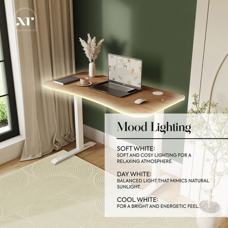 Wooden desk with laptop in a room with green walls and a window, featuring mood lighting text overlay.