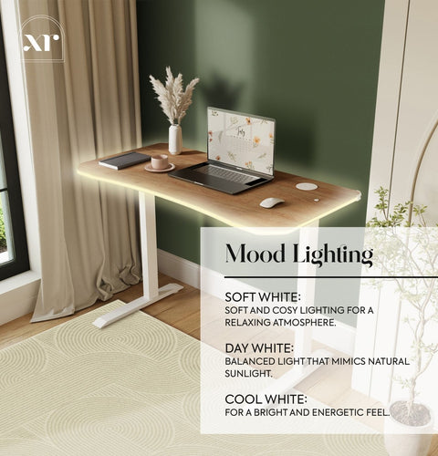 Wooden desk with laptop in a room with green walls and a window, featuring mood lighting text overlay.