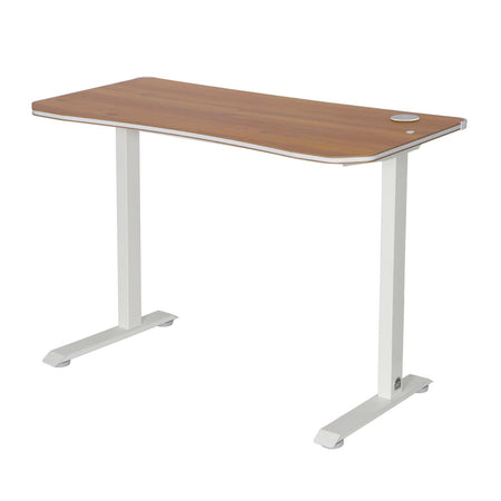 Wooden desk with white metal frame on a white background