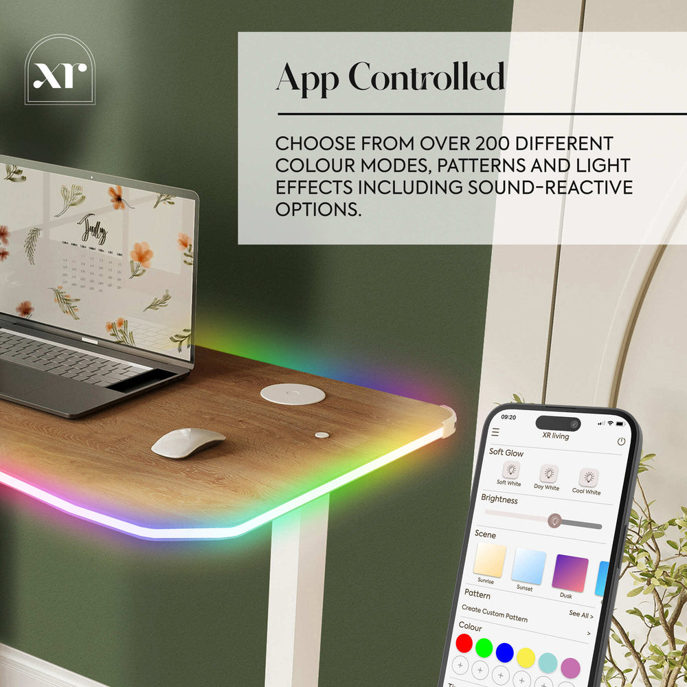 Smart desk with RGB lighting and app control on a laptop screen